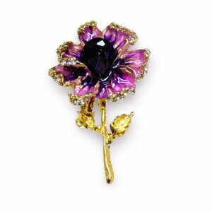 Purple Enamel Floral Crystal Statement Brooch